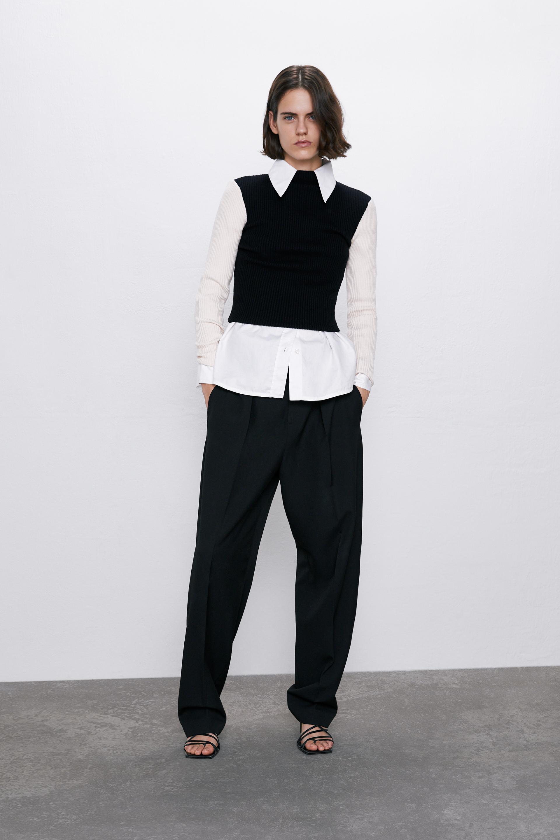 свитер с воротником-стойкой и цветовыми блоками Черный / Цвет небеленого полотна Zara