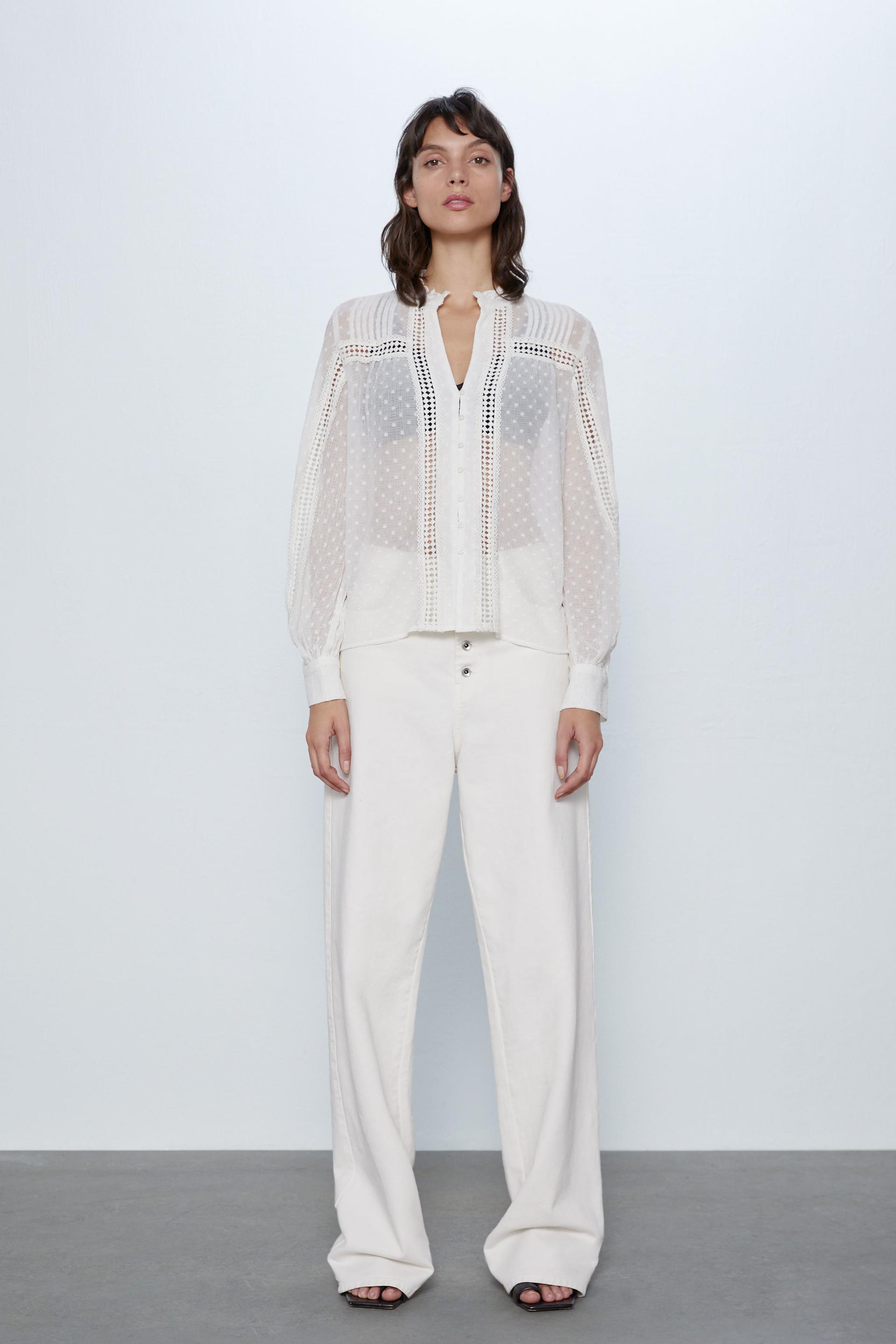 БЕЛЫЙ комбинированная блуза с вышивкой «плюмети» Zara