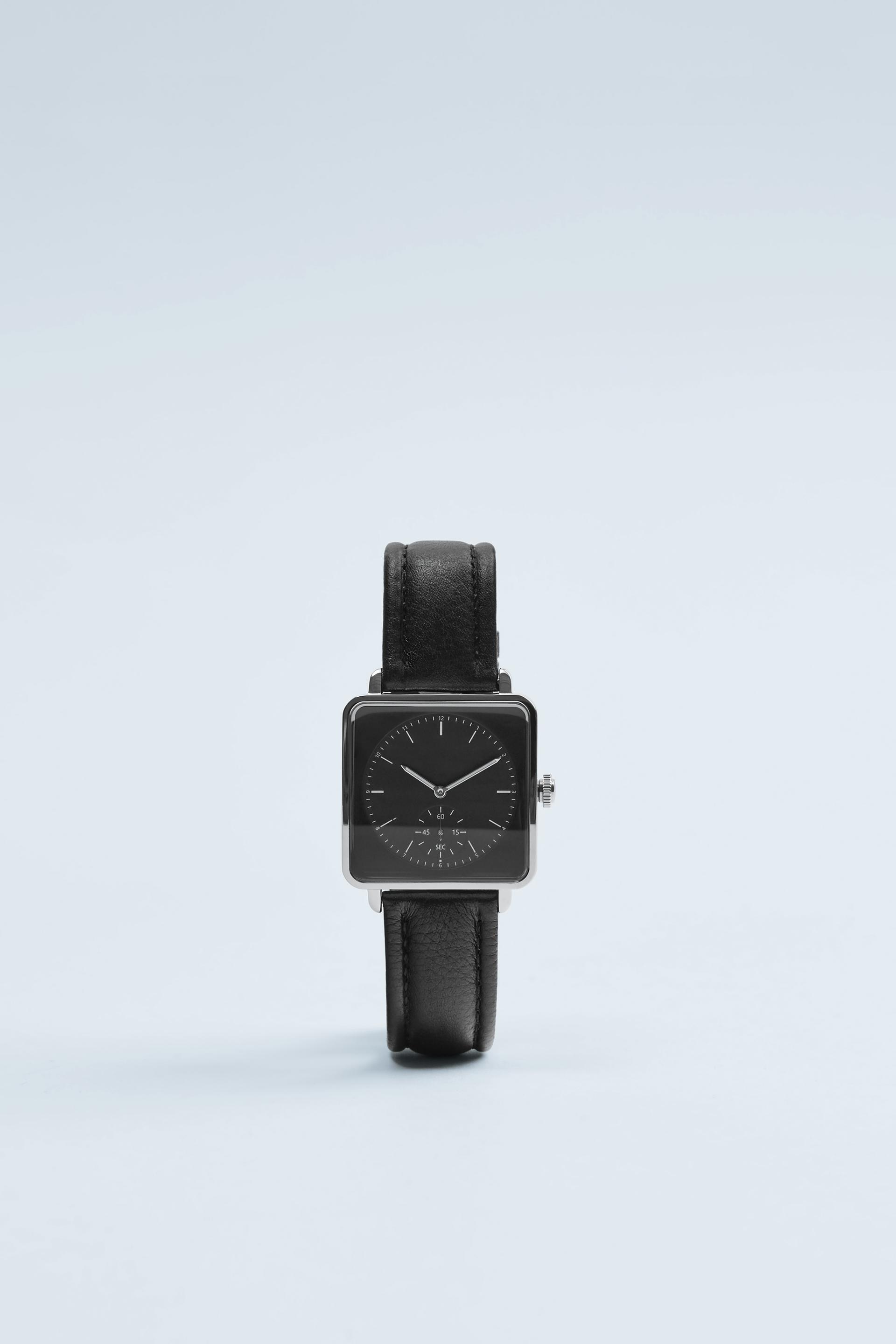 minimalist watch with square case and black leather strap ЧЕРНЫЙ Zara