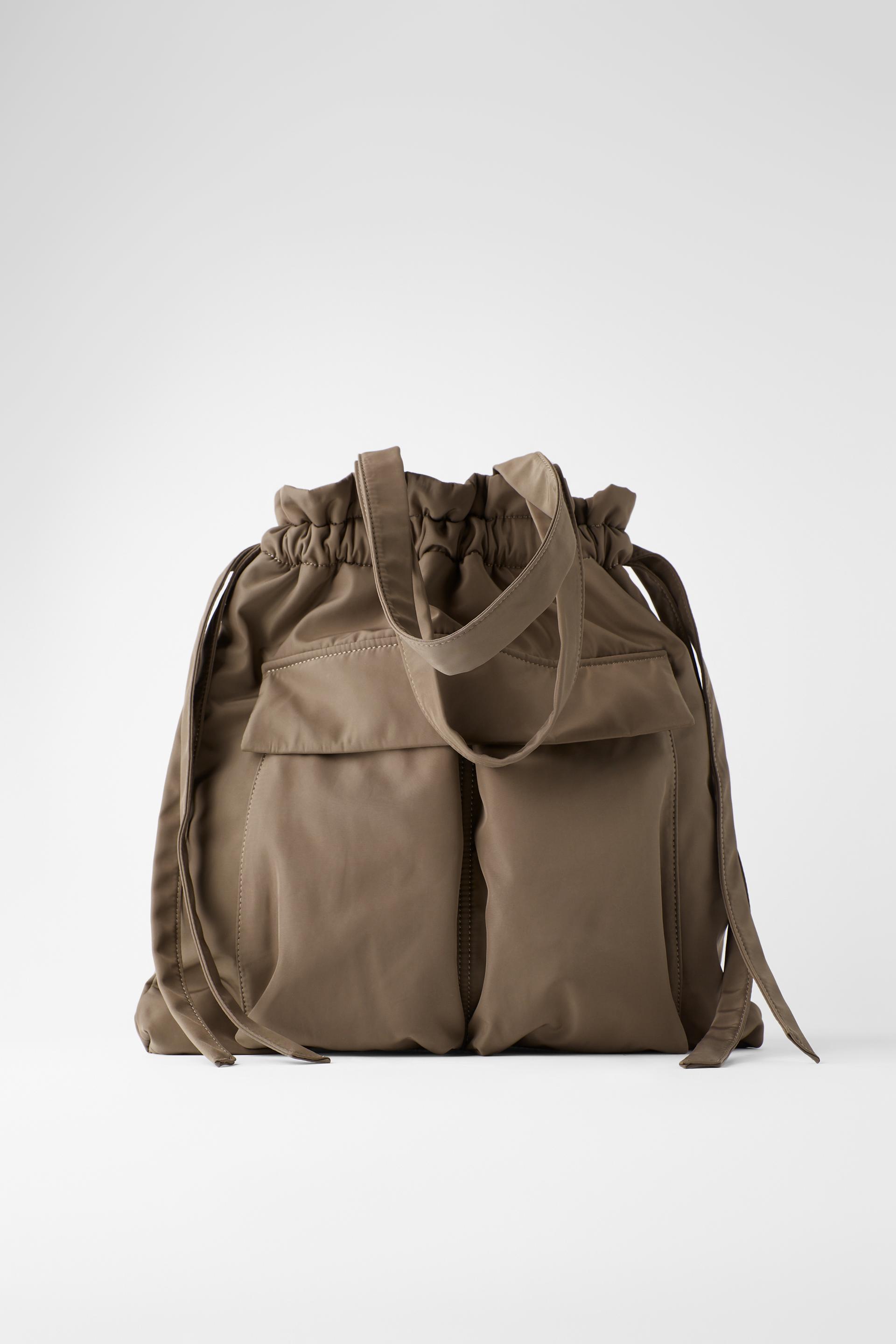 сумка-шопер с карманами и затягивающимся шнурком ХАКИ Zara