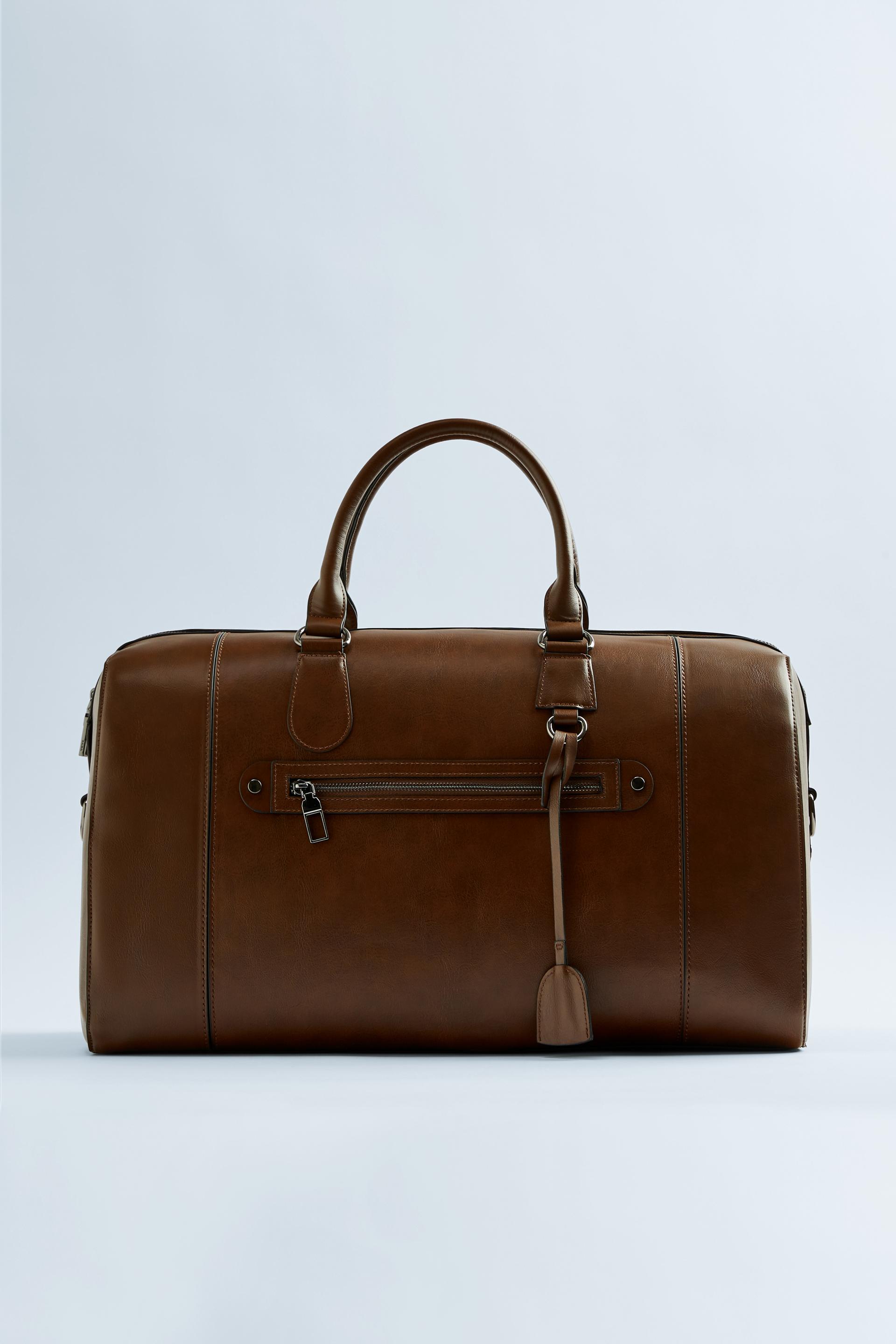 коричневая дорожная сумка в минималистском стиле ЦВЕТ ВЫДЕЛАННОЙ КОЖИ Zara