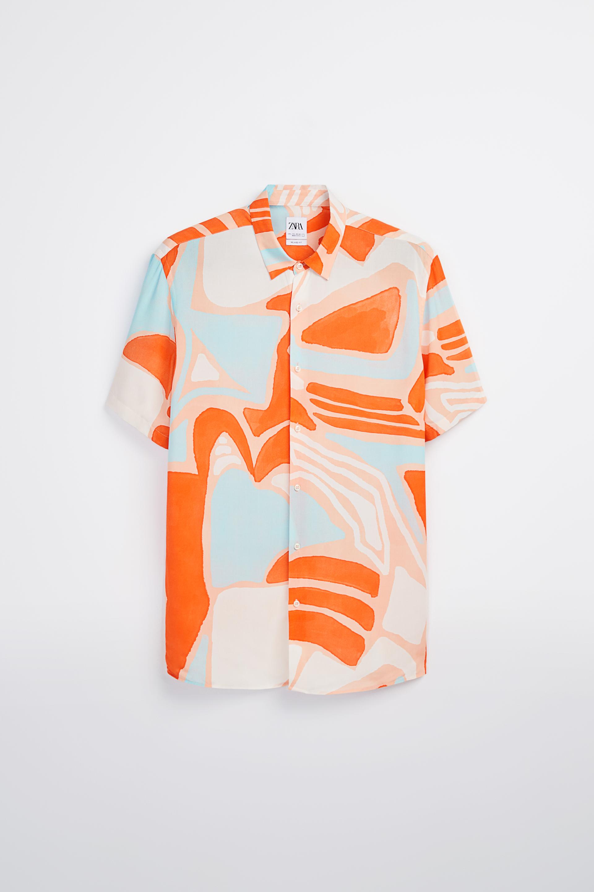 рубашка с абстрактным принтом неонового цвета НЕОНОВО-ОРАНЖЕВЫЙ Zara