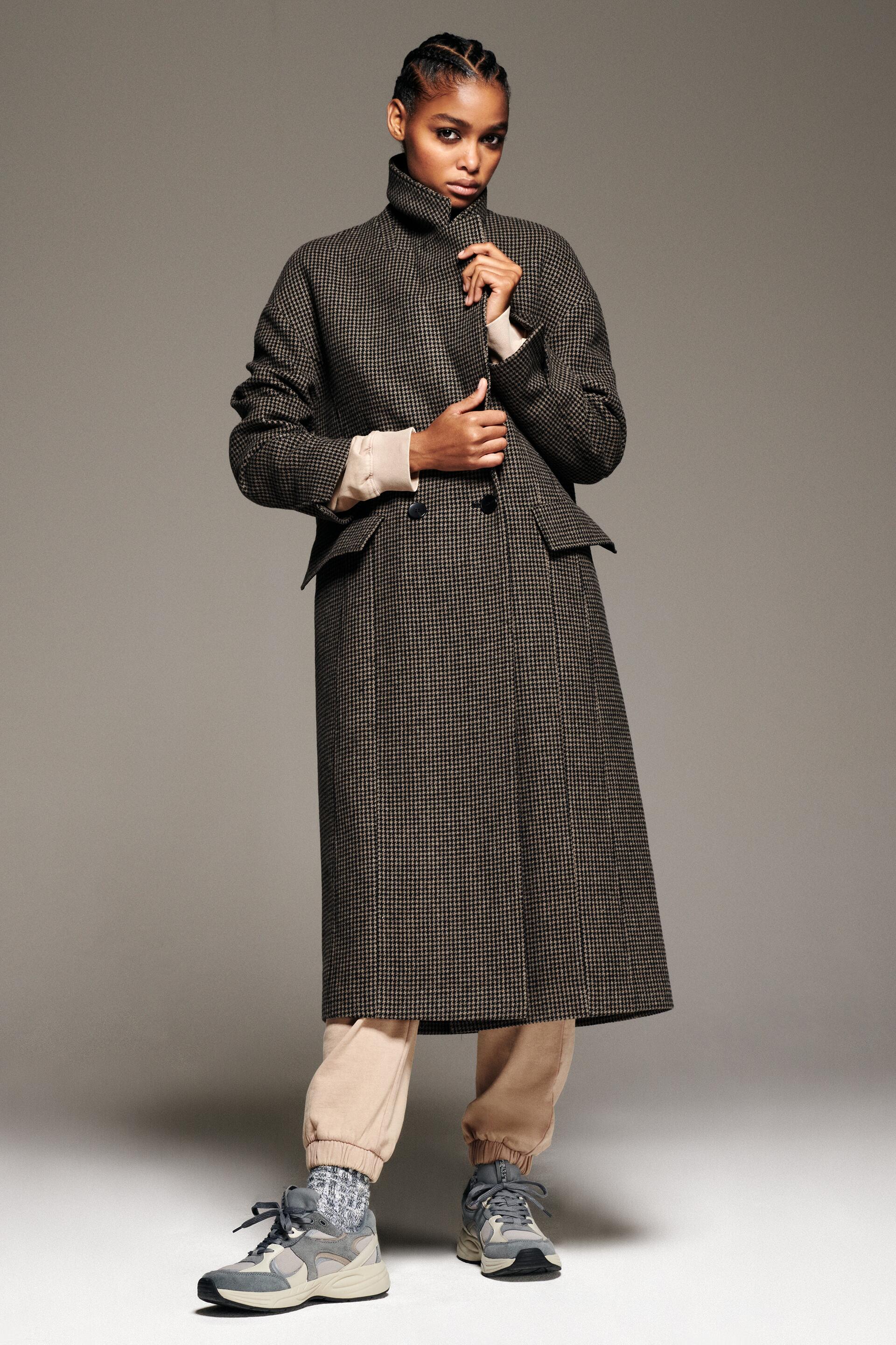 пальто из смесовой шерстяной ткани с узором «гусиная лапка» КОРИЧНЕВЫЙ Zara