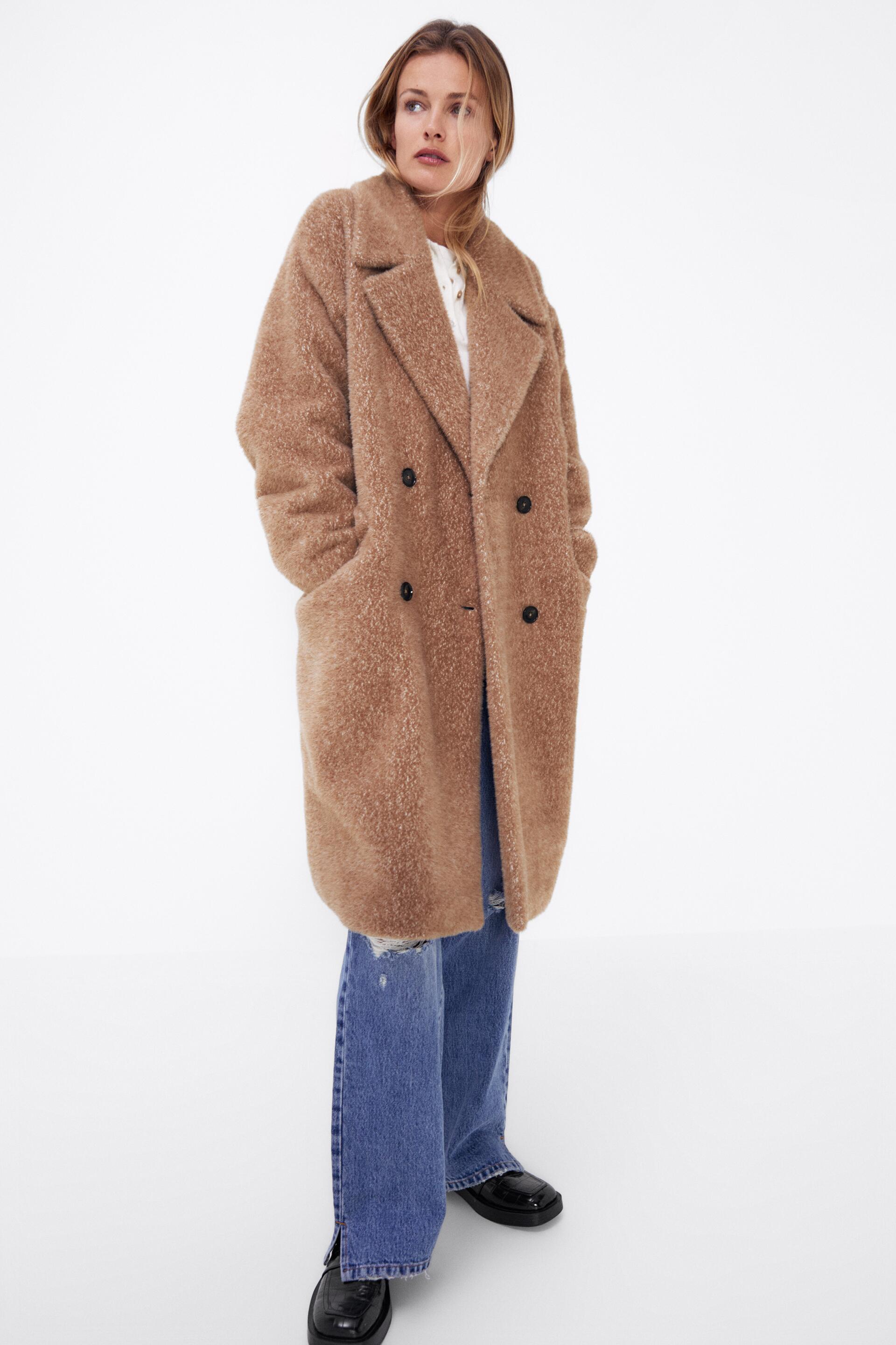 пальто с отделкой из искусственного меха Бежевый Zara