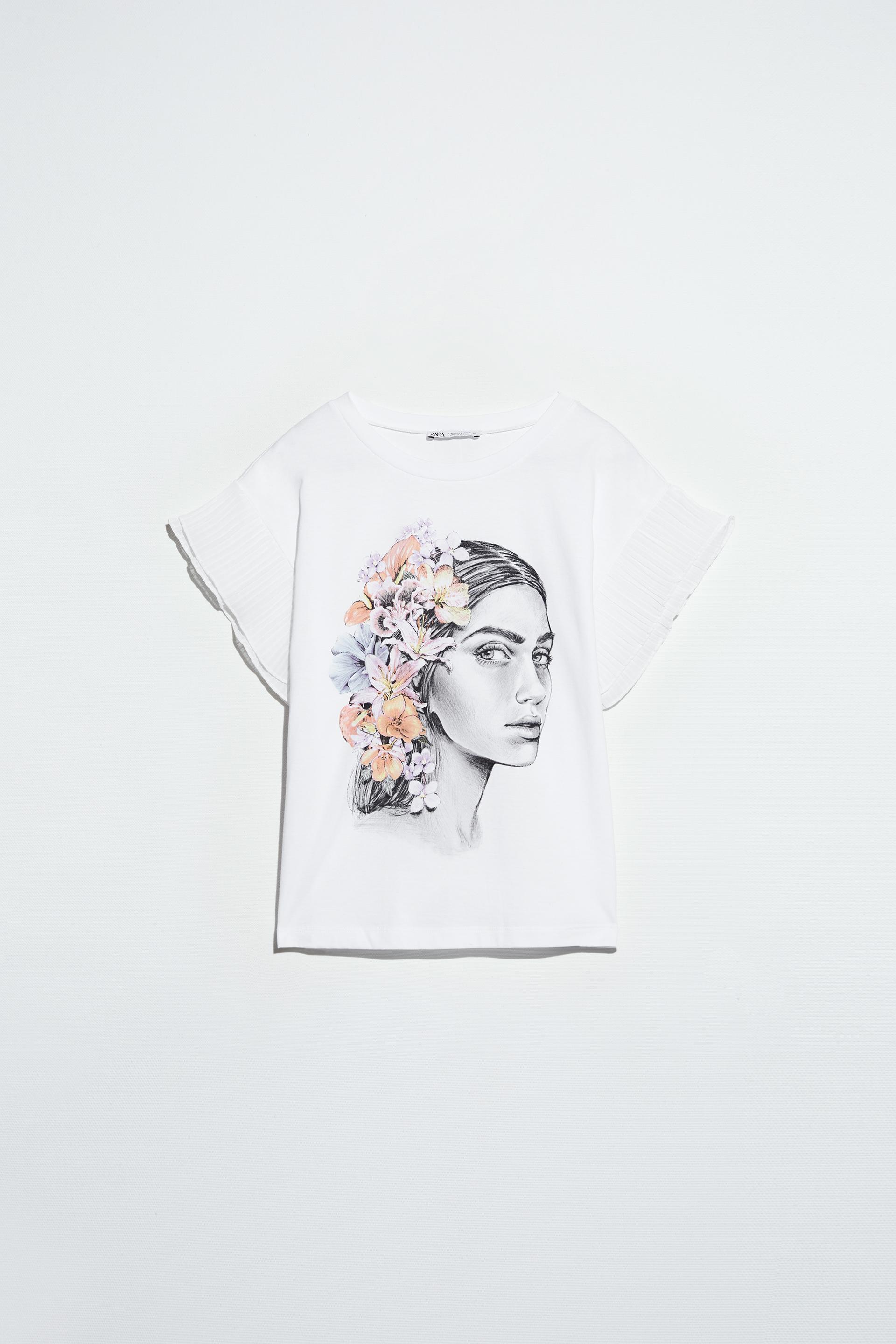 футболка с воланами и принтом «девушка» БЕЛЫЙ Zara