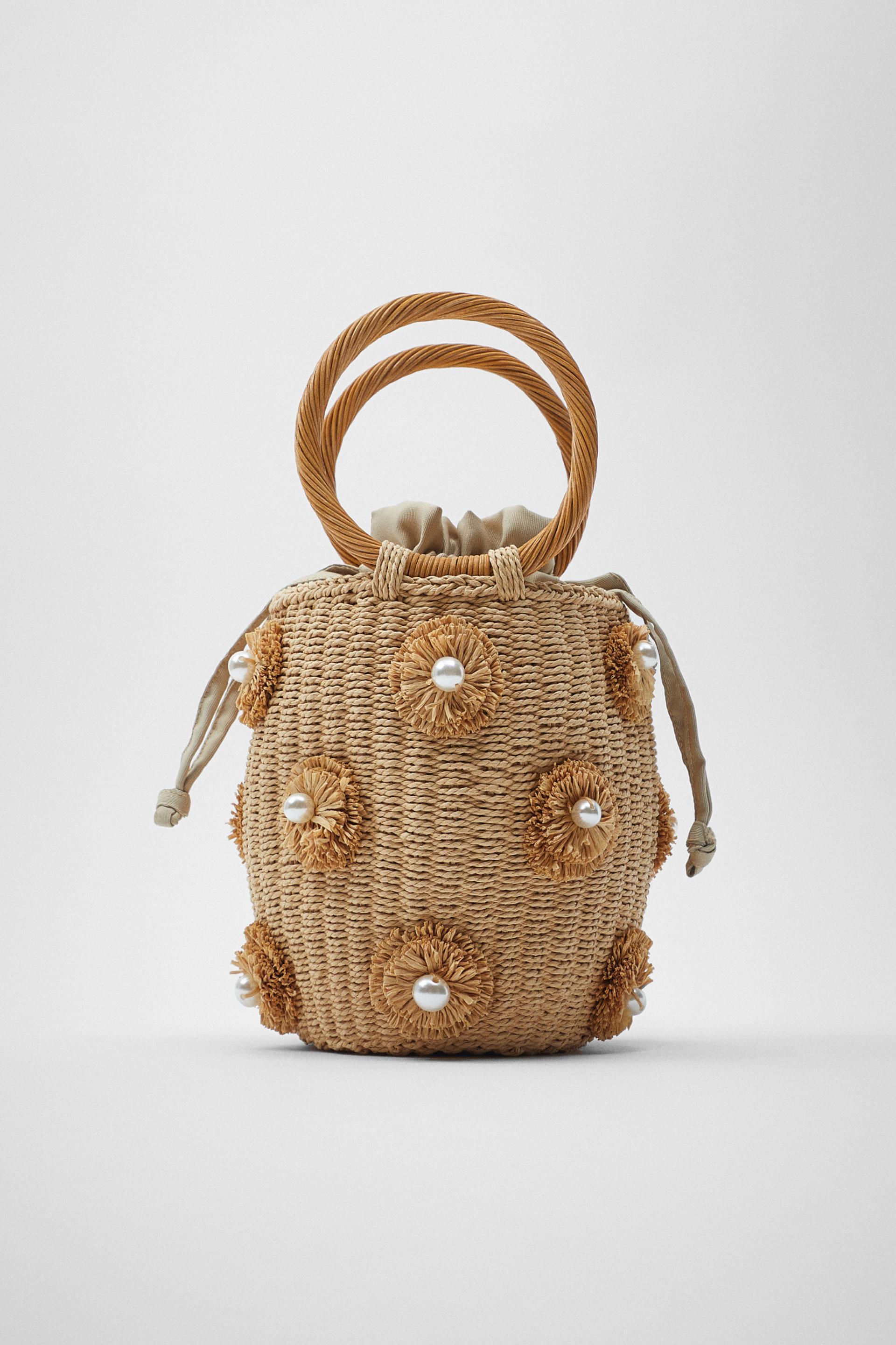 соломенная сумка с бусинами Бежевый Zara