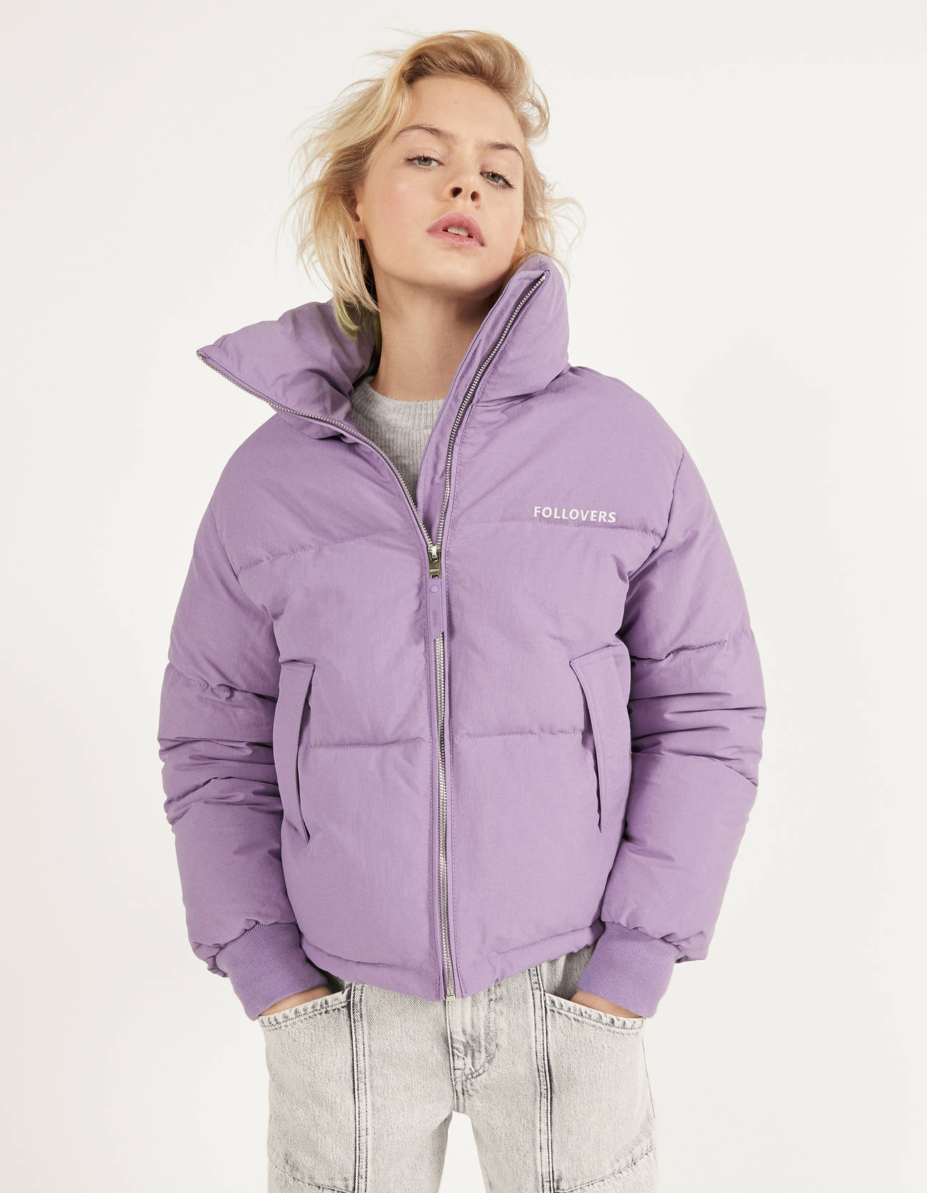 Фиолетовый Стеганая куртка из нейлона Bershka