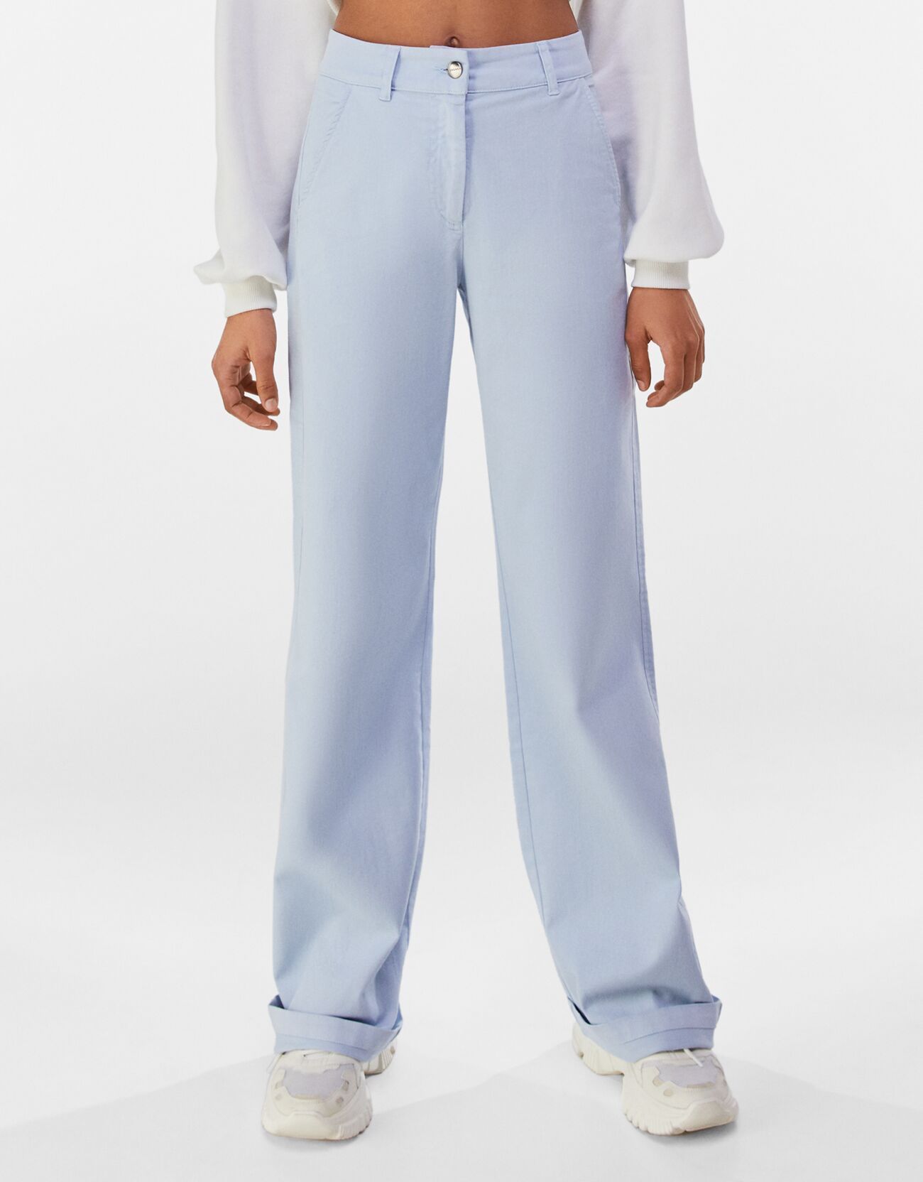 Широкие брюки из хлопка с карманом Голубой Bershka