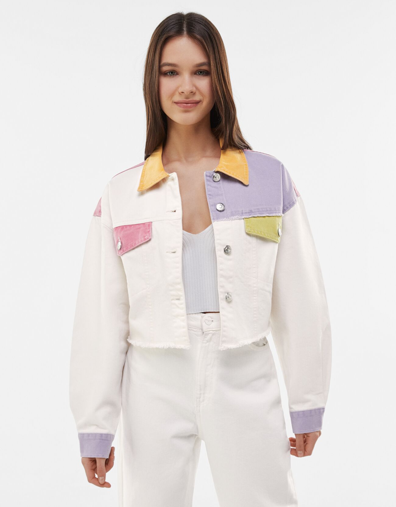 Разноцветная куртка из хлопка в стиле пэчворк БЕЛЫЙ Bershka
