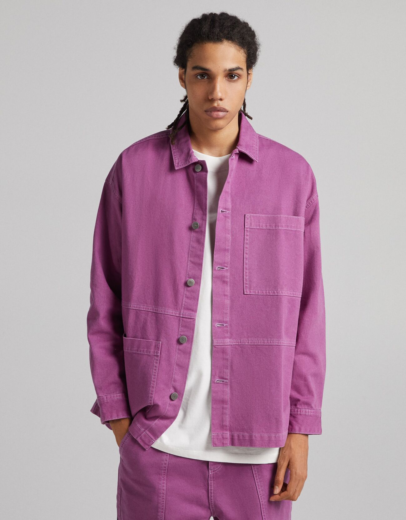 Плотная рубашка из хлопка Фиолетовый Bershka