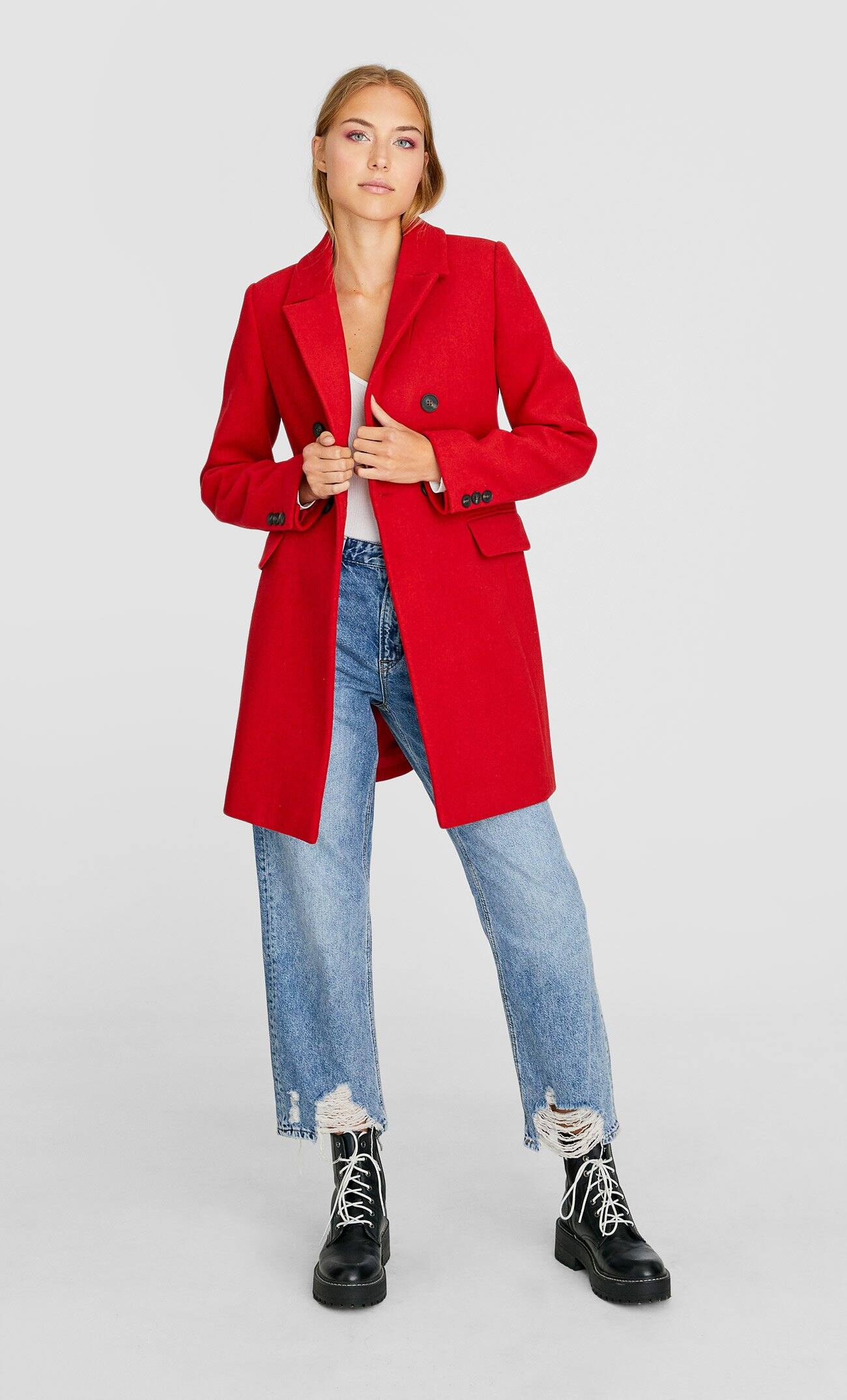 Двубортное драповое пальто Красный Stradivarius