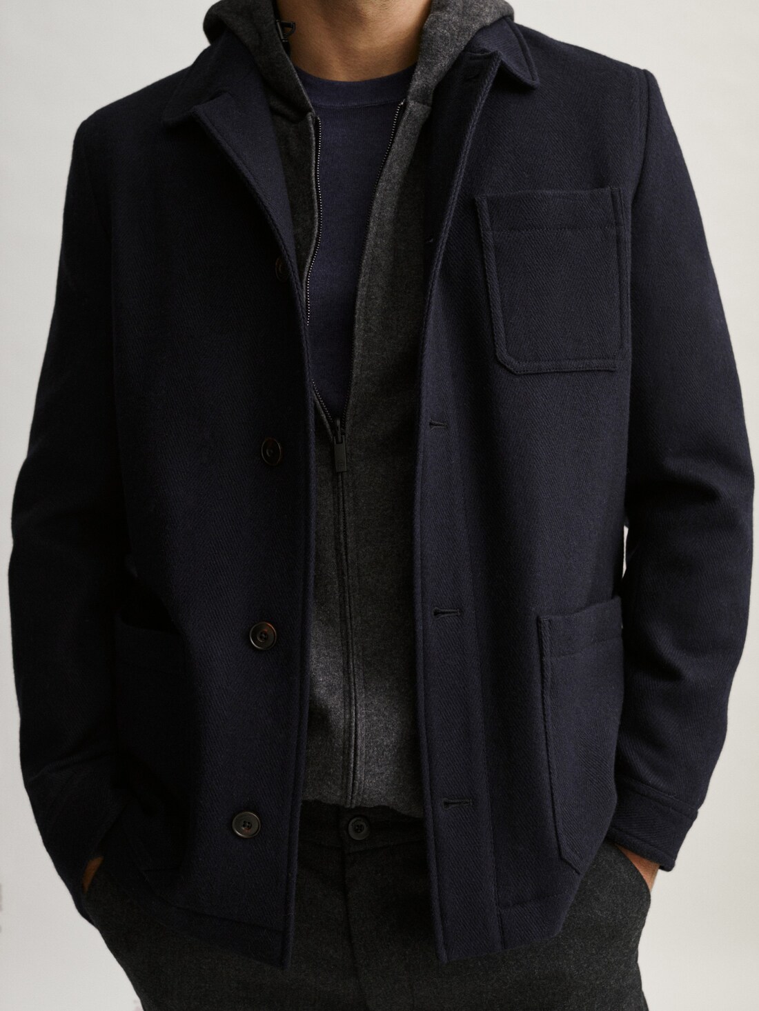 Куртка-рубашка в елочку прямого кроя из  шерсти ТЕМНО-СИНИЙ Massimo Dutti
