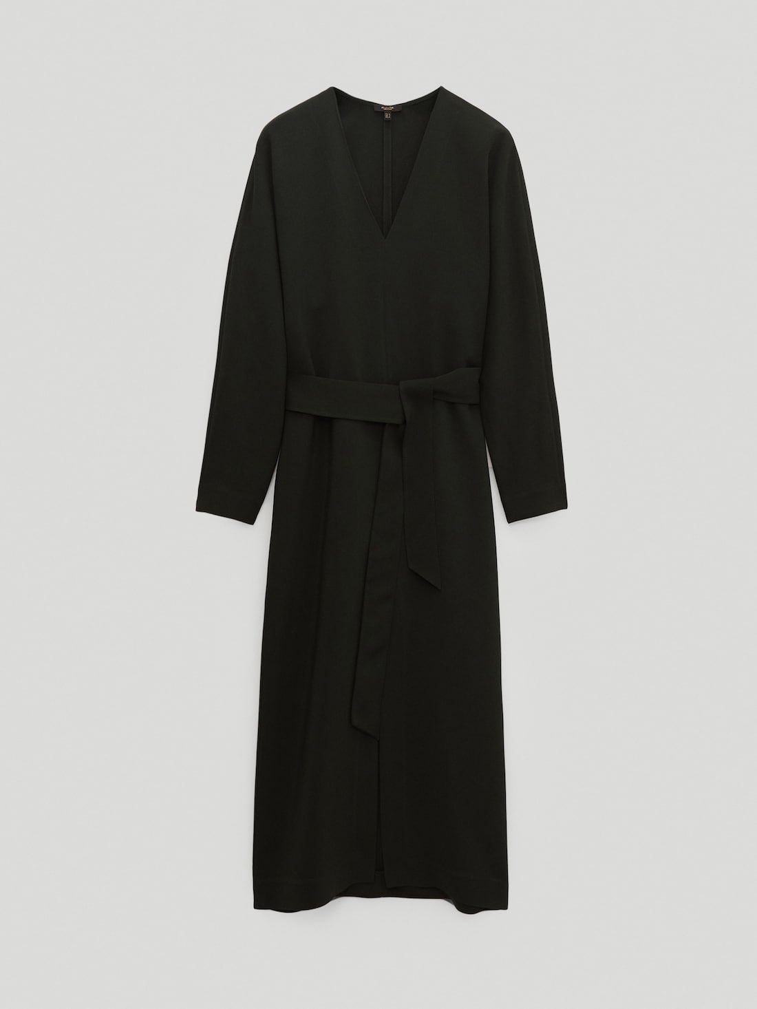 Длинное платье с V-образным вырезом и поясом ТЕМНО-ЗЕЛЕНЫЙ Massimo Dutti