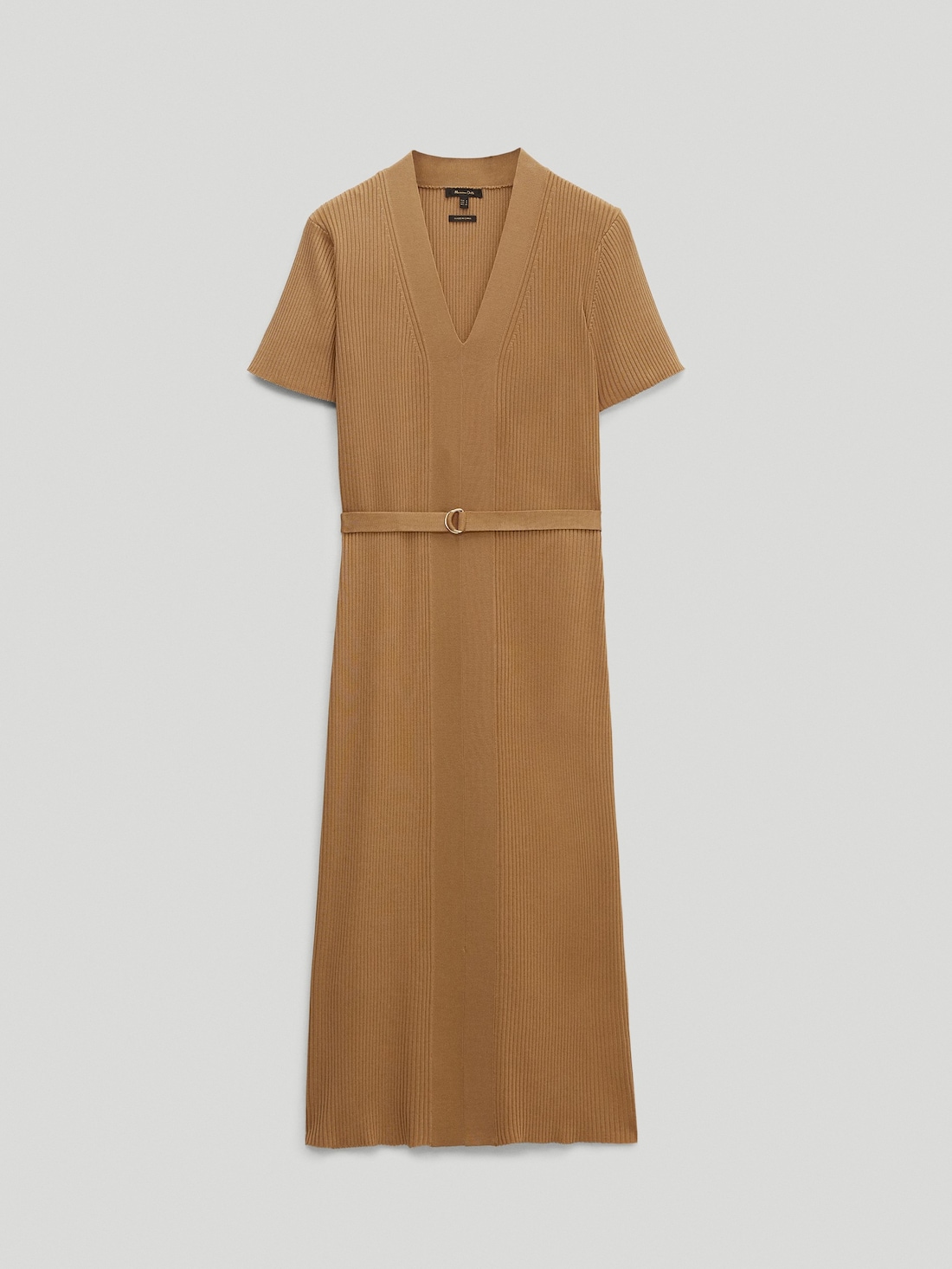 Платье из трикотажа в тонкий рубчик, с V-образным вырезом ЗОЛОТИСТЫЙ Massimo Dutti