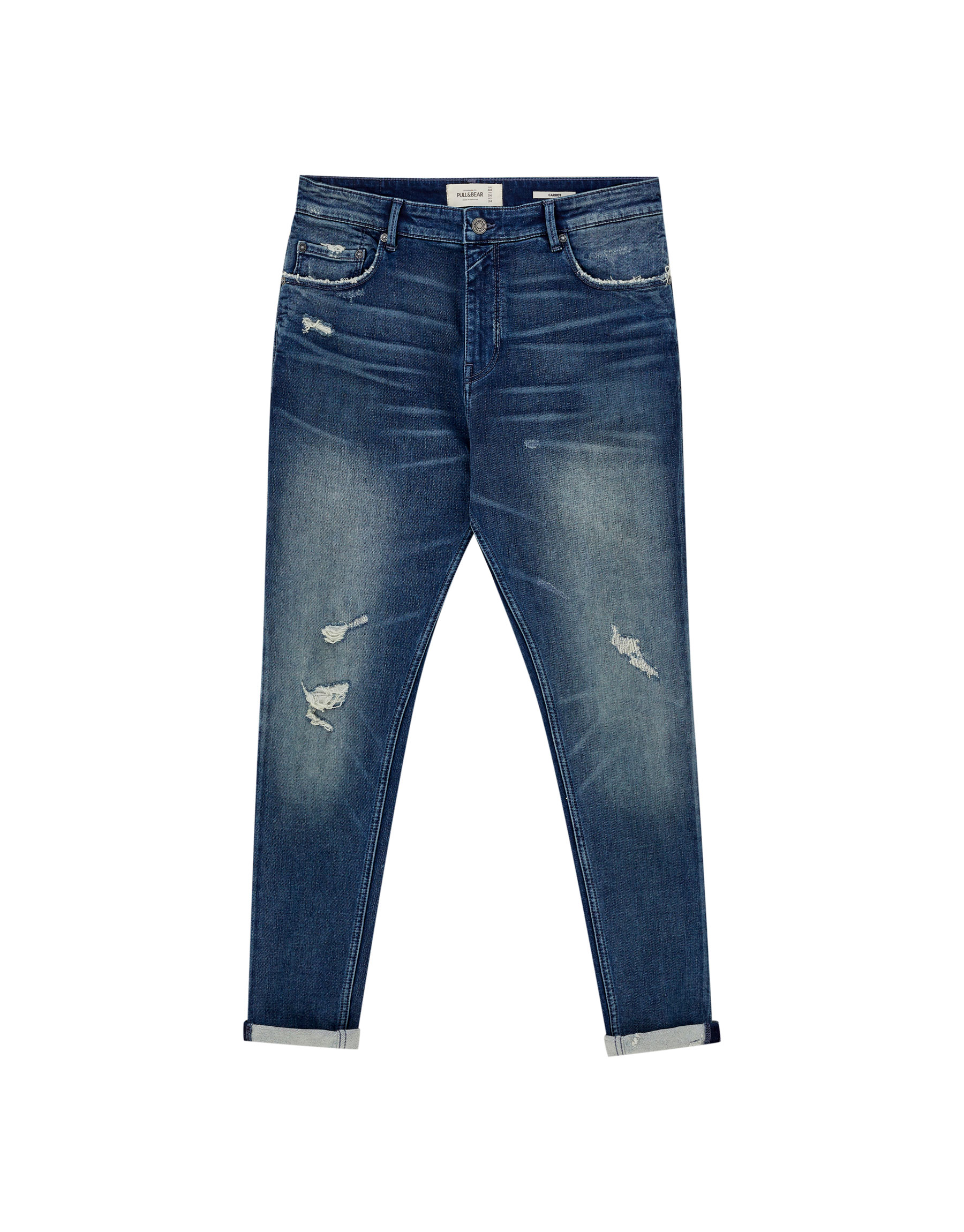 ТЕМНО-СИНИЙ Темные джинсы зауженного кроя, с эффектом потертости Pull & Bear