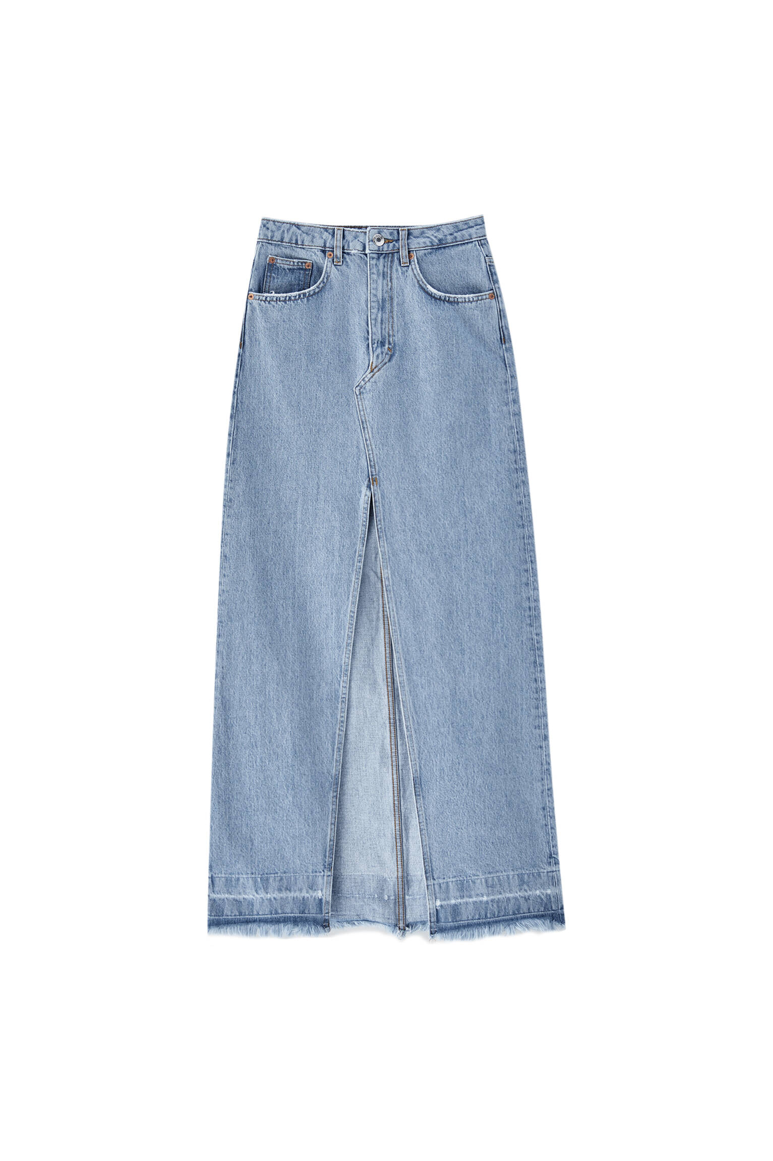 Удлиненная джинсовая юбка с разрезом спереди СИНИЙ Pull & Bear