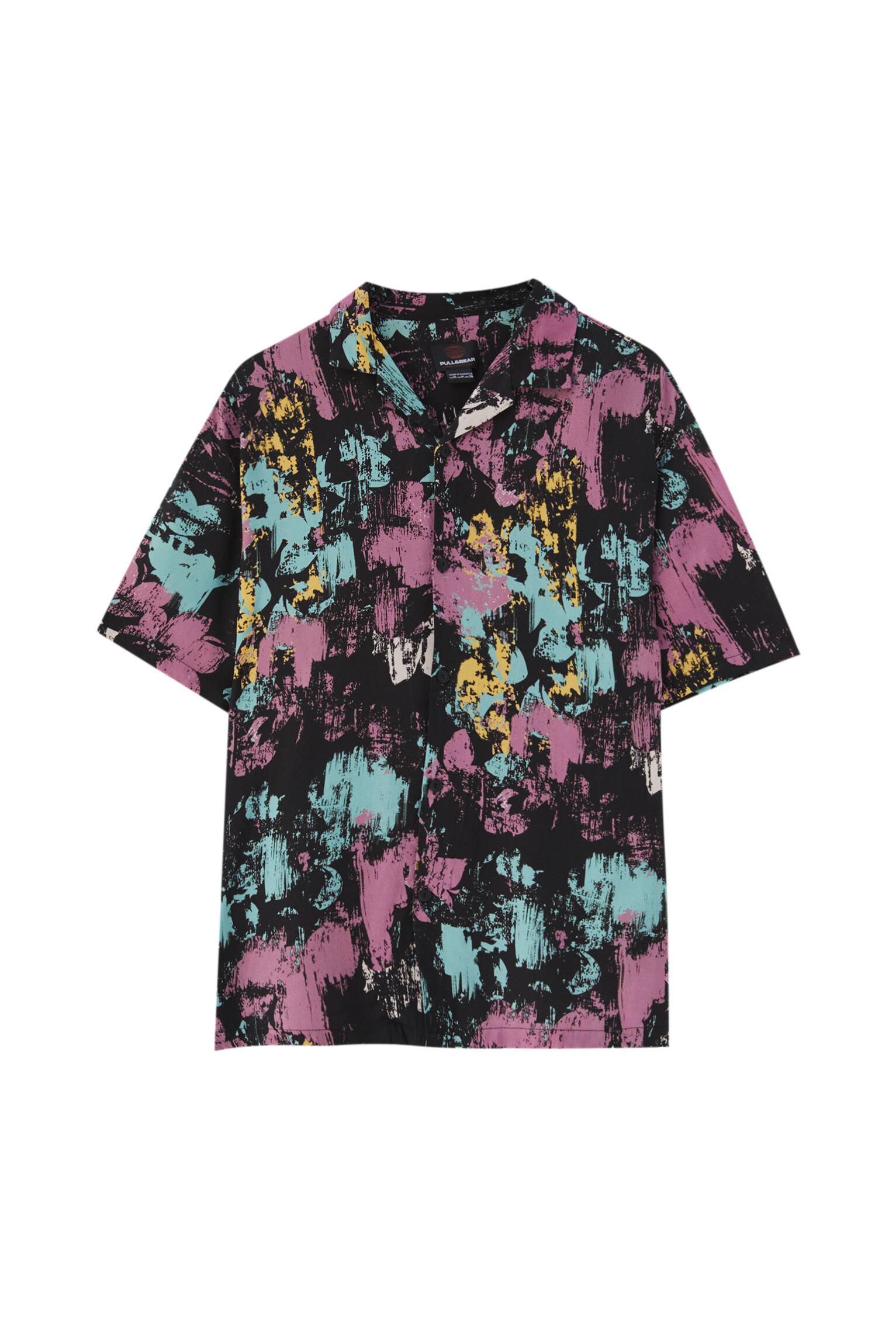 Рубашка с цветочным красочным принтом ЧЕРНЫЙ Pull & Bear